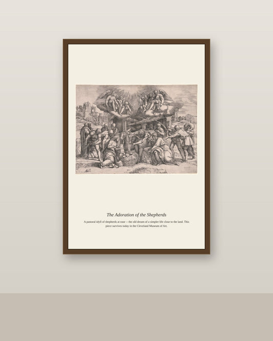 The Adoration of the Shepherds antique religious art print shown framed on a wall in a styled room