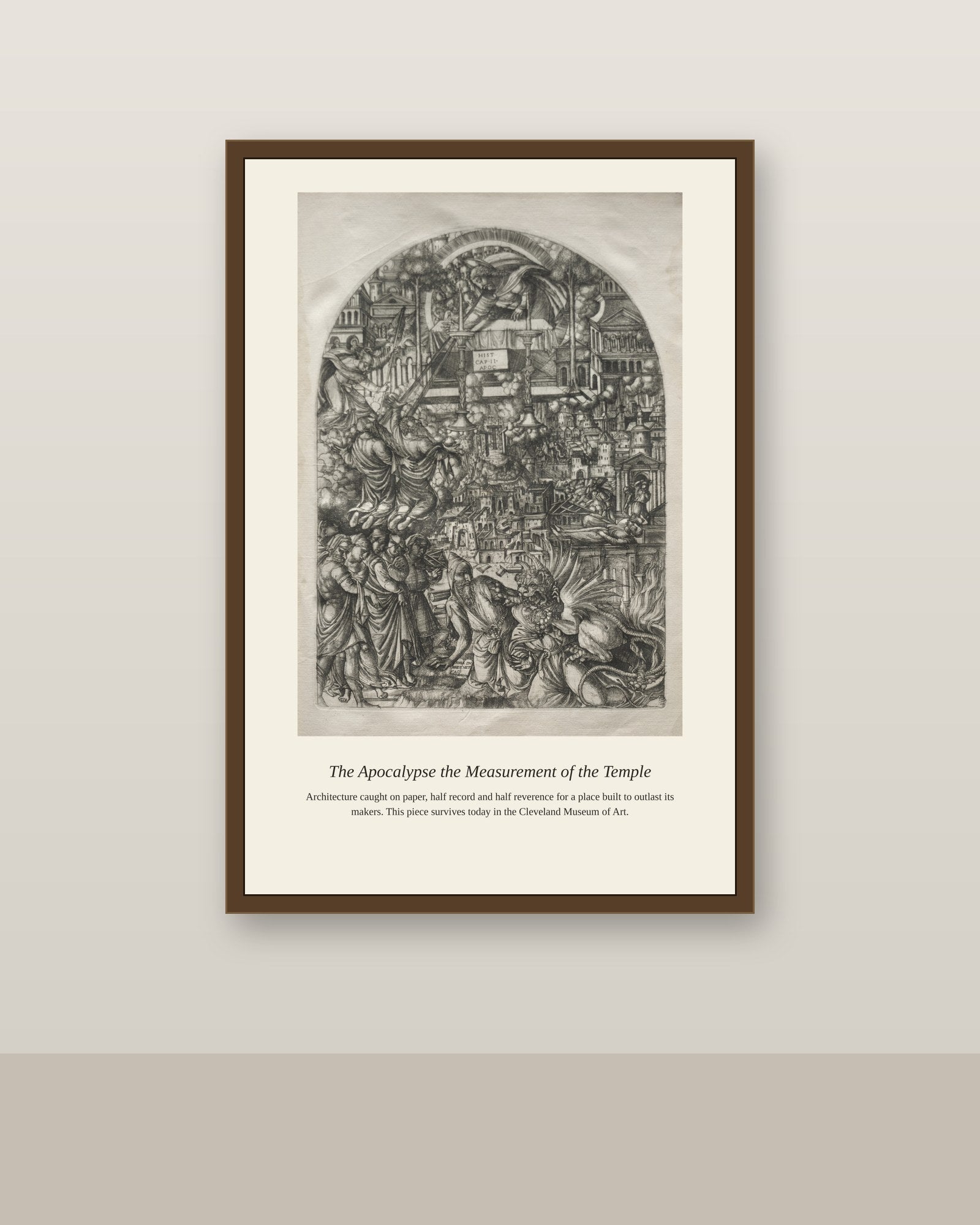 The Apocalypse the Measurement antique architectural print shown framed on a wall in a styled room
