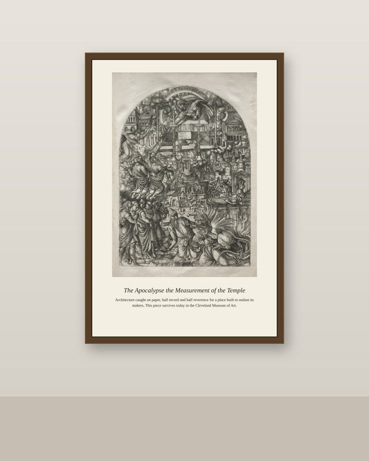 The Apocalypse the Measurement antique architectural print shown framed on a wall in a styled room