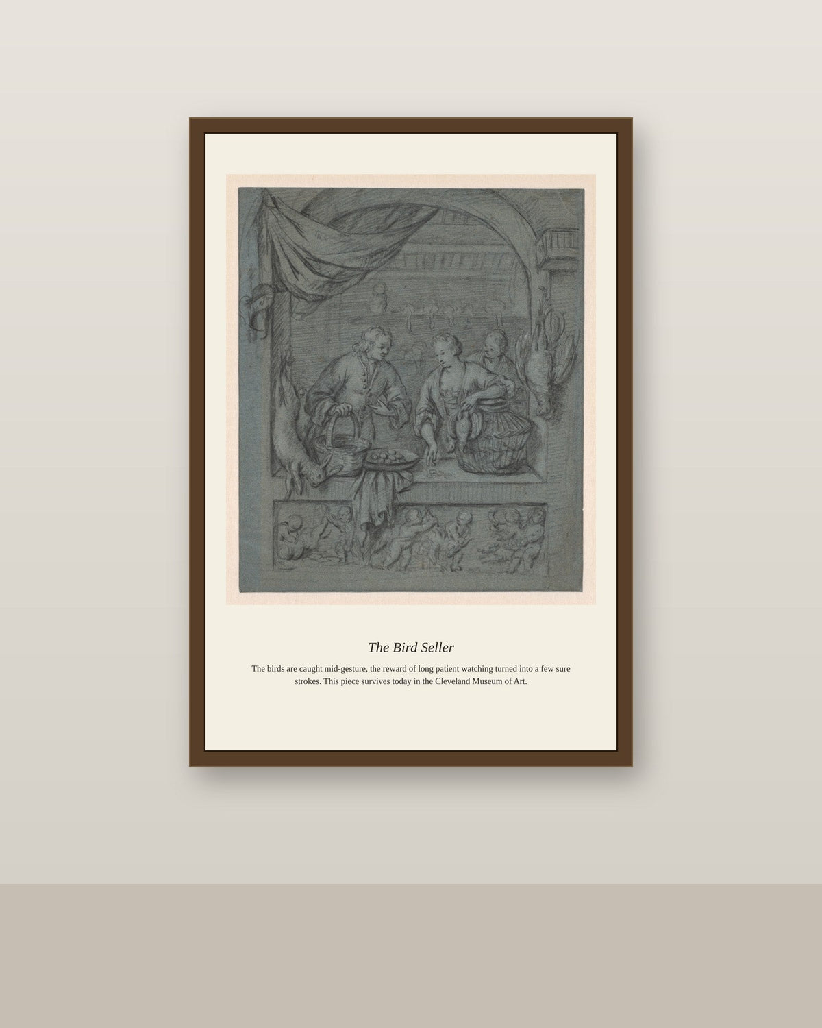 The Bird Seller antique natural history print shown framed on a wall in a styled room