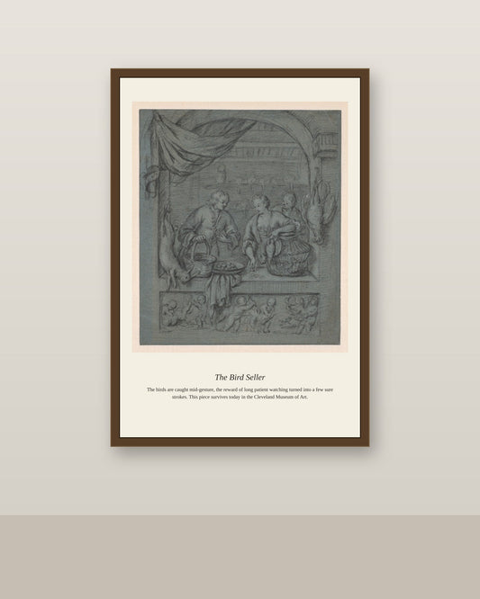 The Bird Seller antique natural history print shown framed on a wall in a styled room