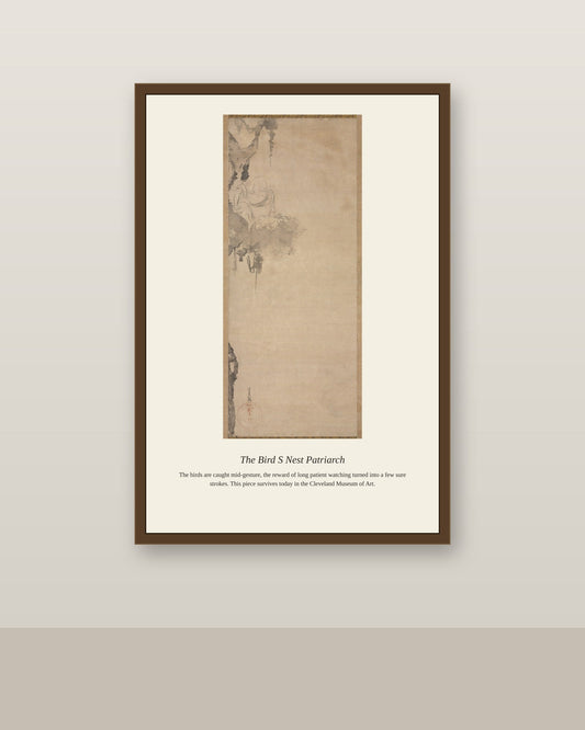 The Bird's Nest Patriarch antique natural history print shown framed on a wall in a styled room