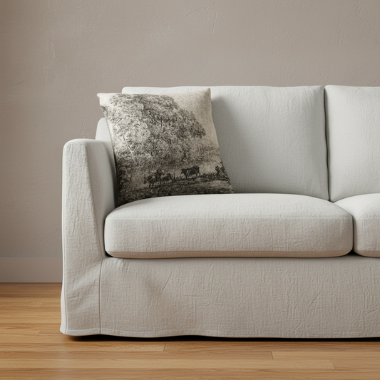 A light beige slipcovered sofa with a textured throw pillow featuring a black and white landscape print, set against a neutral beige wall and light wood flooring.