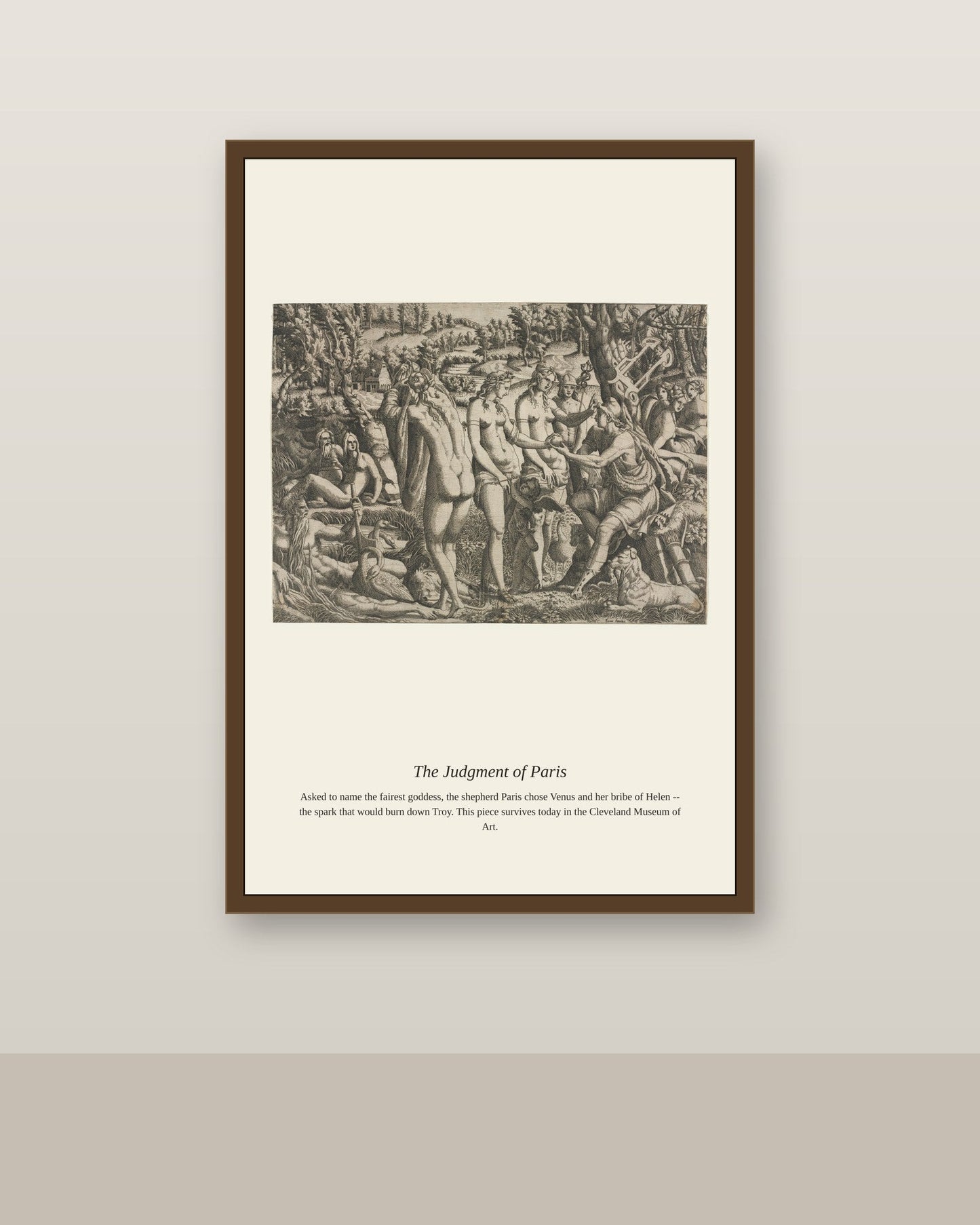 The Judgment of Paris antique mythological print shown framed on a wall in a styled room