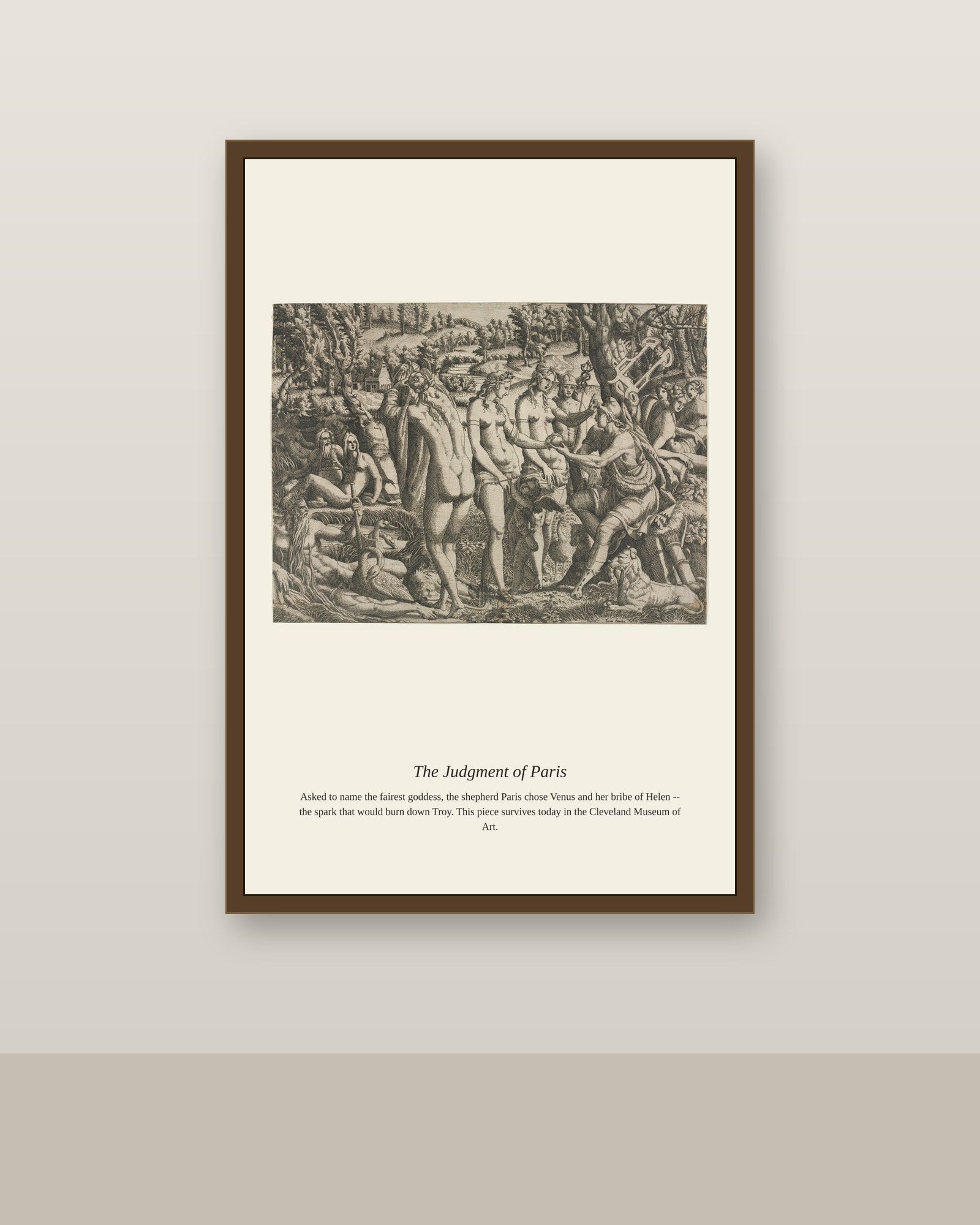 The Judgment of Paris antique mythological print shown framed on a wall in a styled room