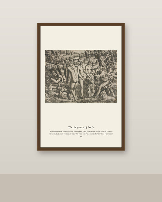 The Judgment of Paris antique mythological print shown framed on a wall in a styled room