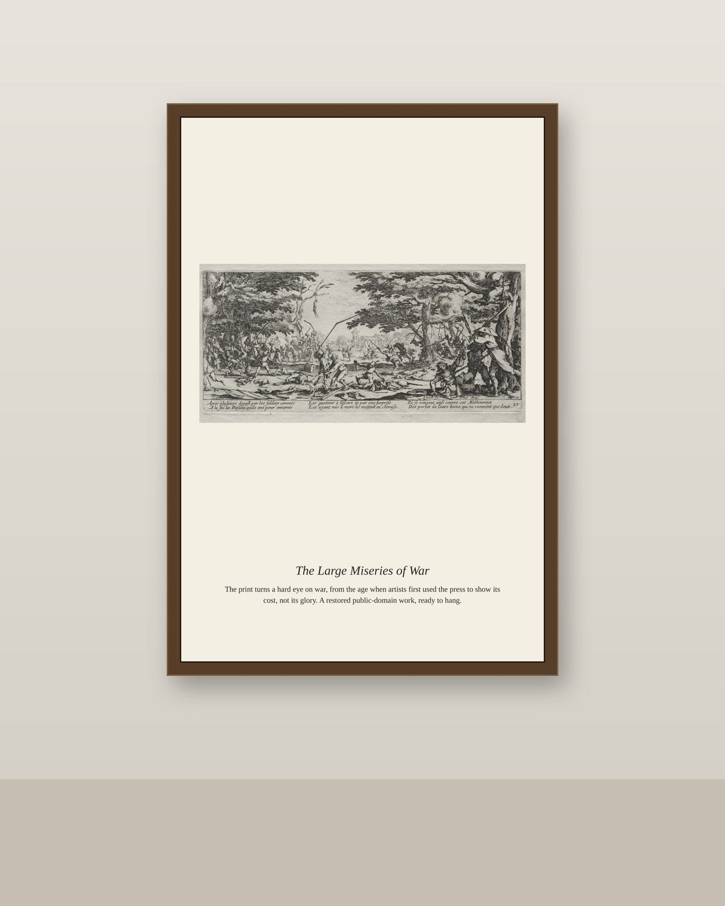 The Large Miseries of War antique historical print shown framed on a wall in a styled room