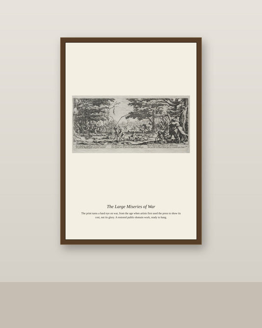 The Large Miseries of War antique historical print shown framed on a wall in a styled room