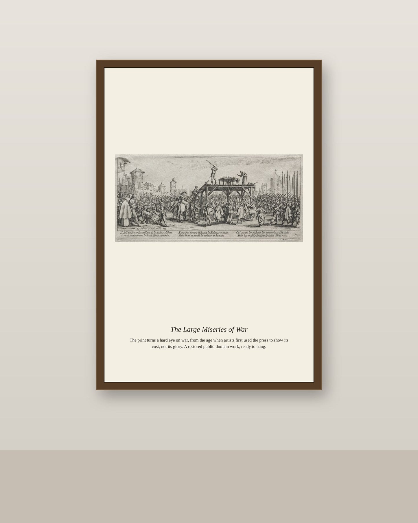 The Large Miseries of War (10) antique historical print shown framed on a wall in a styled room