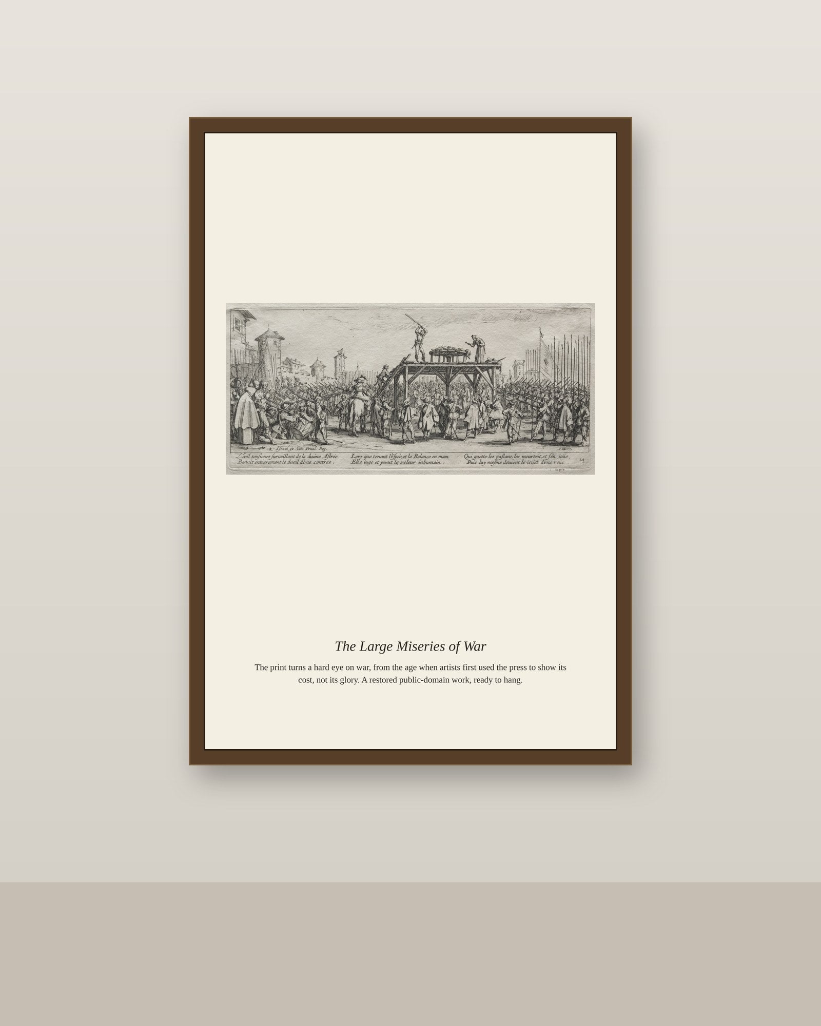 The Large Miseries of War (10) antique historical print shown framed on a wall in a styled room