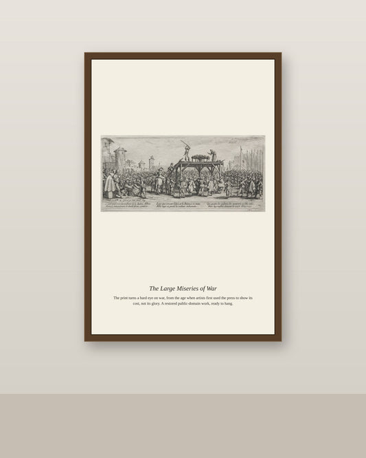 The Large Miseries of War (10) antique historical print shown framed on a wall in a styled room