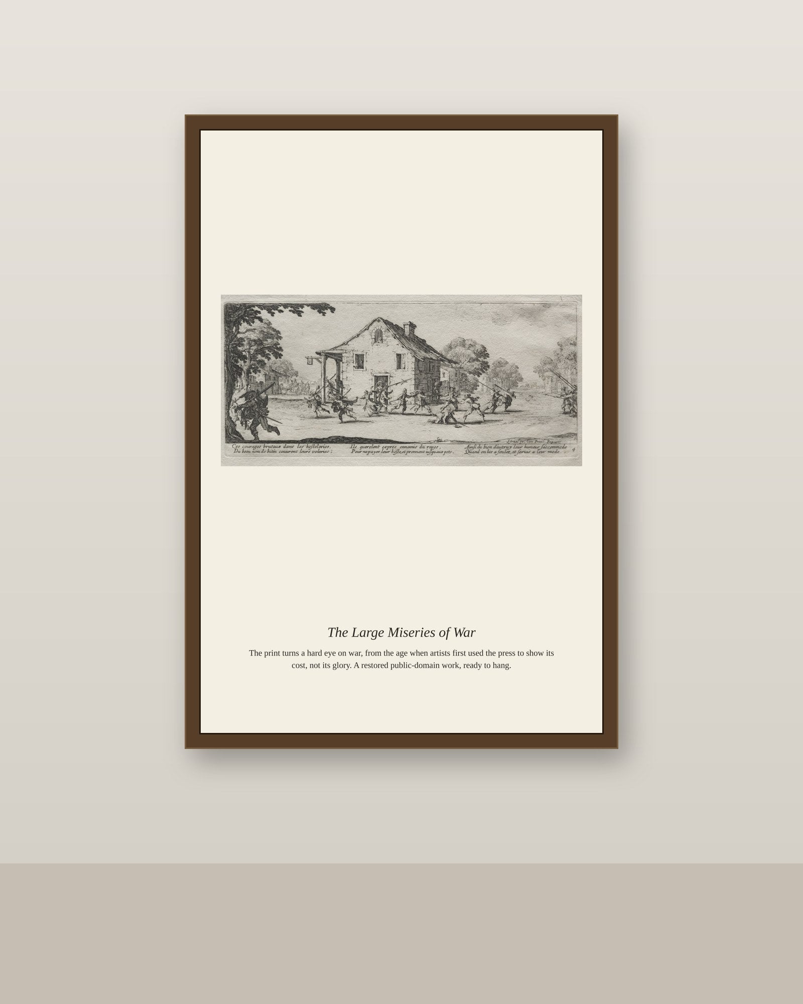 The Large Miseries of War (12) antique historical print shown framed on a wall in a styled room