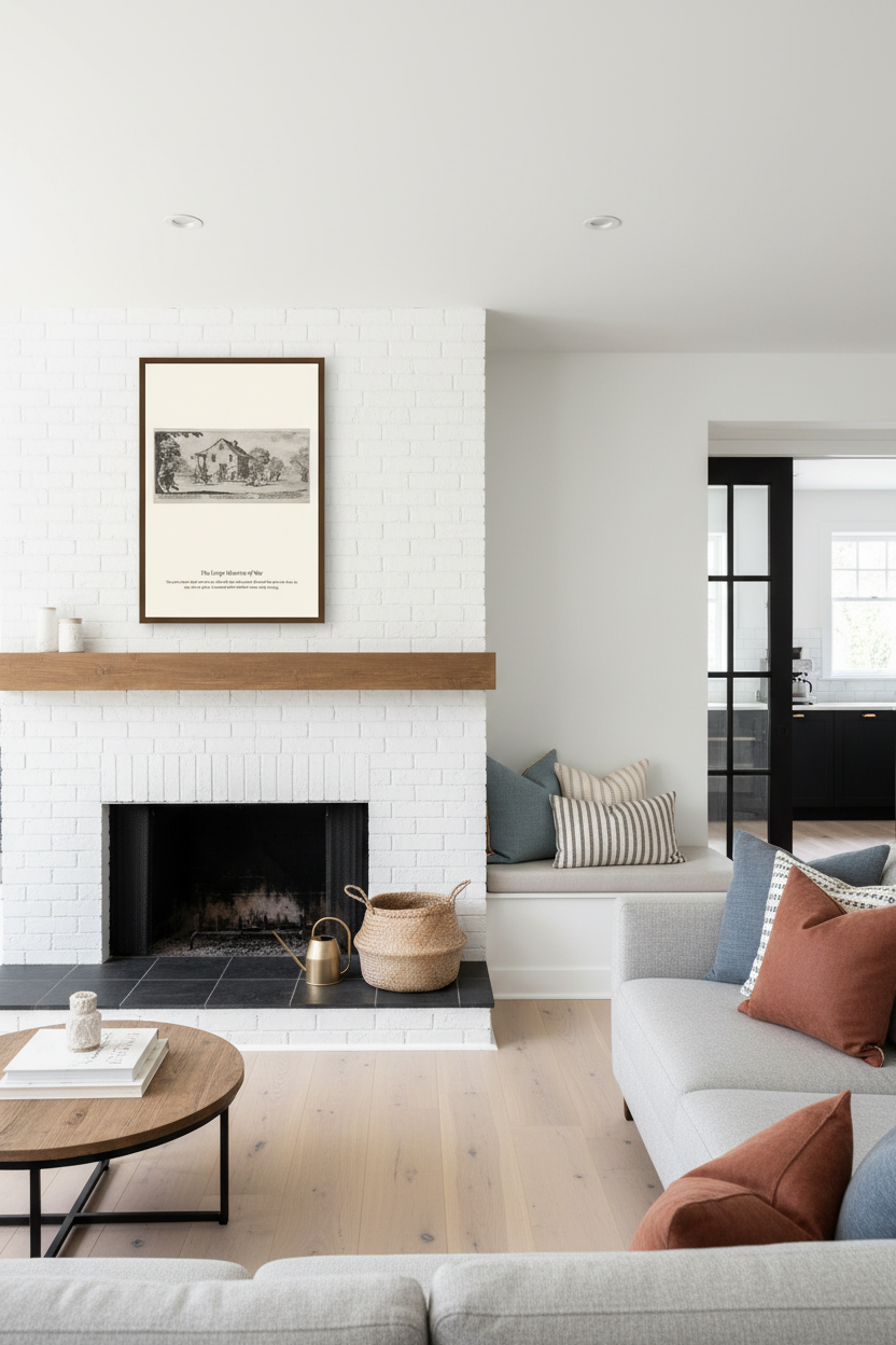 A styled interior living room scene featuring a white brick fireplace with a wooden mantel, framed wall art, a light wood coffee table, a light gray sofa with rust and blue pillows, and a built-in bench in the background.