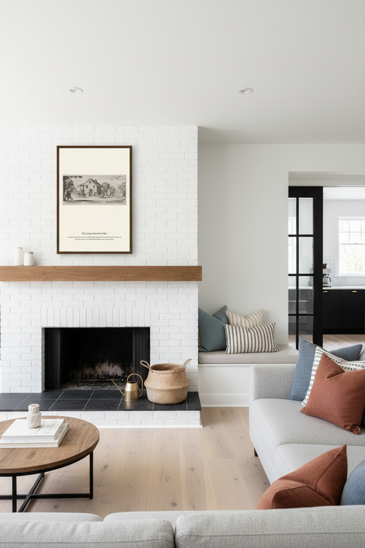 A styled interior living room scene featuring a white brick fireplace with a wooden mantel, framed wall art, a light wood coffee table, a light gray sofa with rust and blue pillows, and a built-in bench in the background.