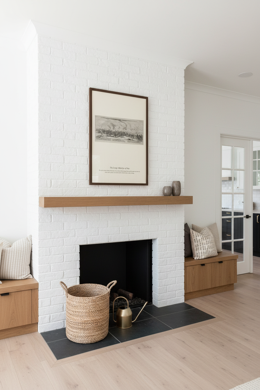 A styled interior scene featuring a white brick fireplace with a light wood mantel, a black firebox, a black slate hearth, and a large framed black-and-white print above it. A woven basket and small brass watering can sit on the hearth, and wood bench seating is visible on both sides.