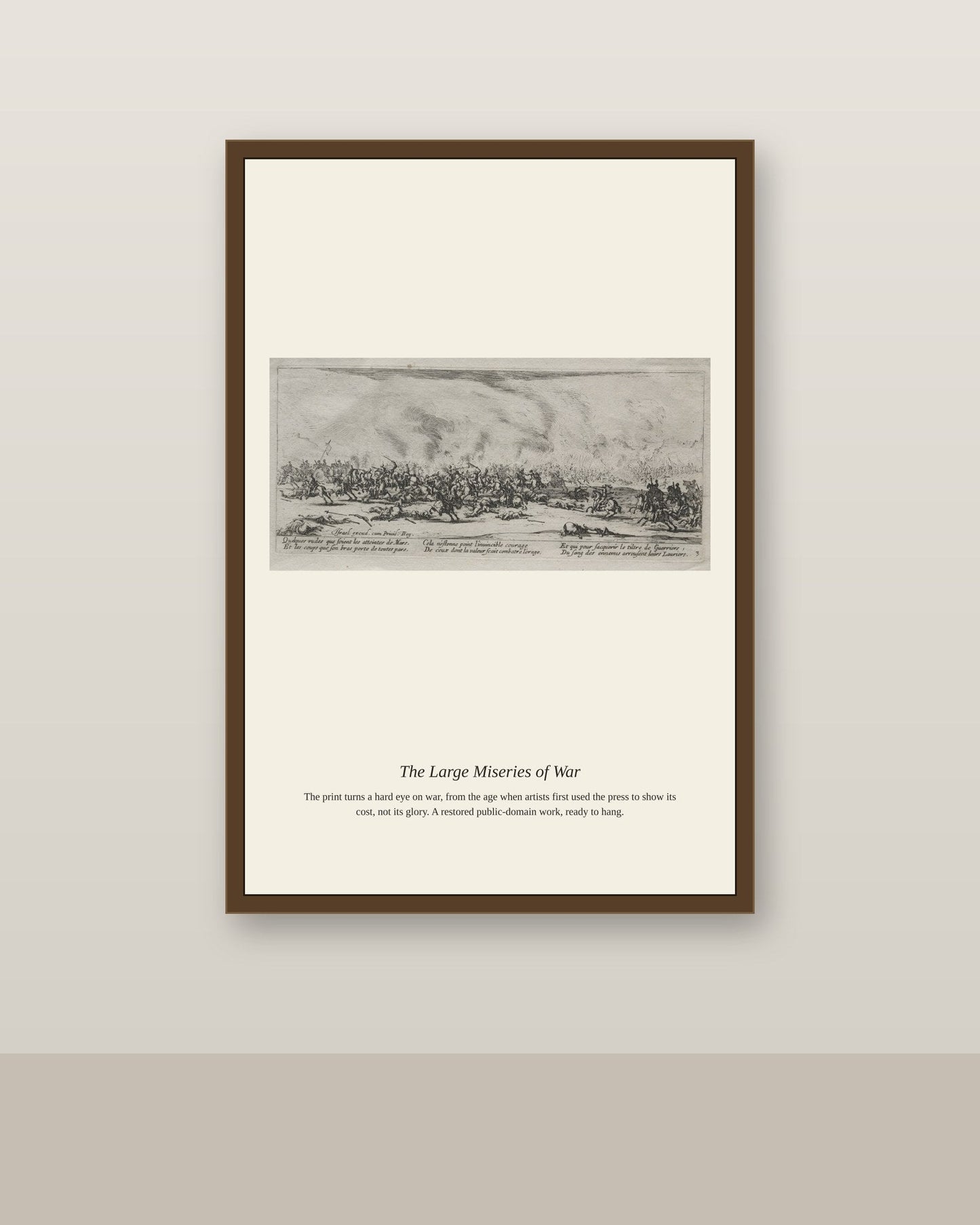 The Large Miseries of War (13) antique historical print shown framed on a wall in a styled room