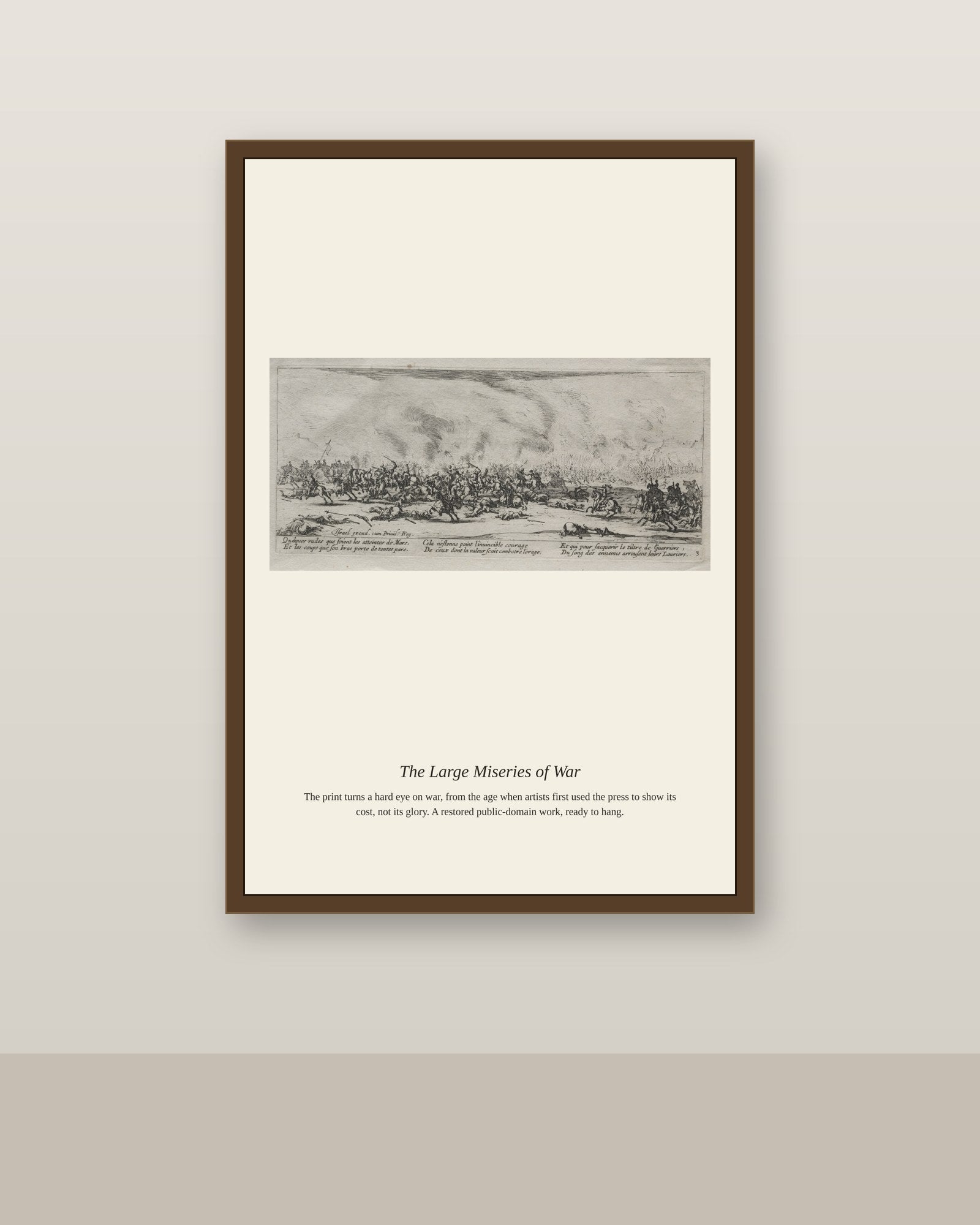 The Large Miseries of War (13) antique historical print shown framed on a wall in a styled room