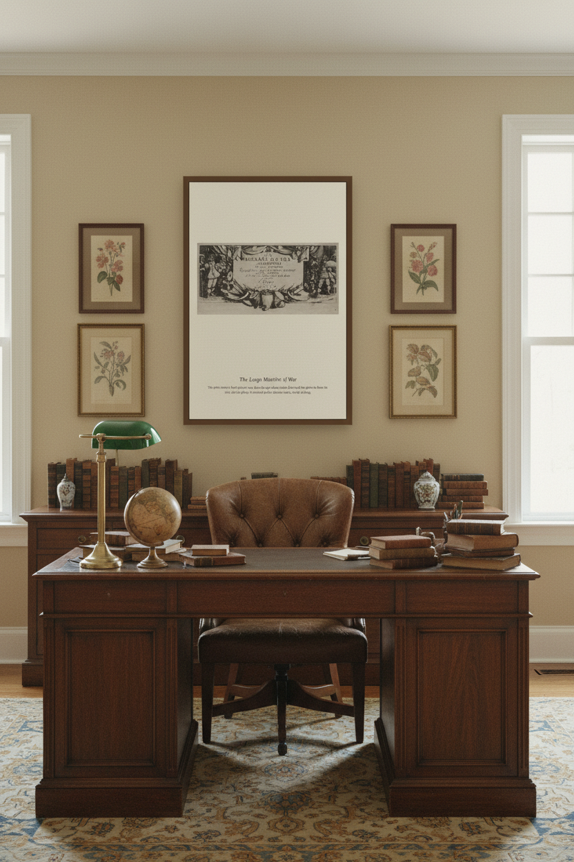 A classic home office scene featuring a large dark wood writing desk with a matching tufted leather chair, decorated with books, a green desk lamp, and a globe. Above the desk, a large framed black-and-white historical print is mounted on a beige wall, flanked by four smaller botanical art prints.