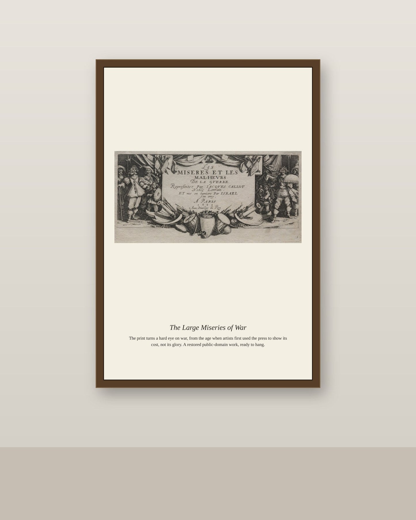 The Large Miseries of War (2) antique historical print shown framed on a wall in a styled room
