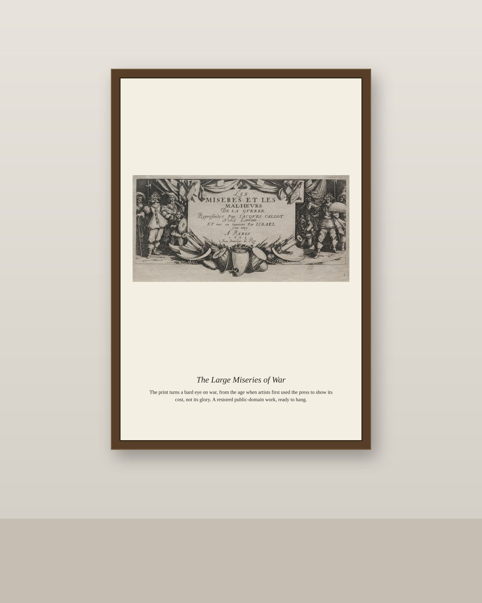 The Large Miseries of War (2) antique historical print shown framed on a wall in a styled room