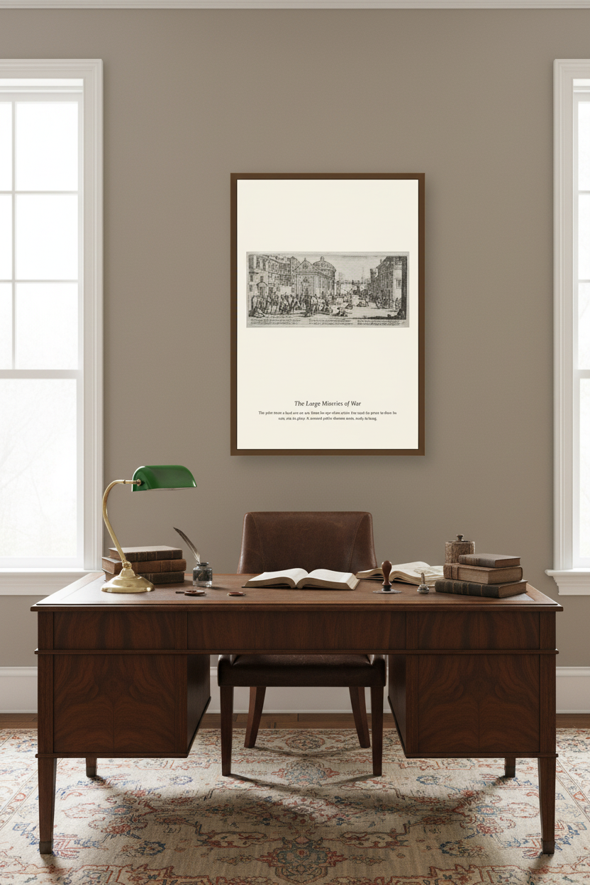 A framed black and white historical print titled 'The Large House of Play' hangs on a taupe-gray wall above a dark wood writing desk with a chair, lamp, and books in a styled room.