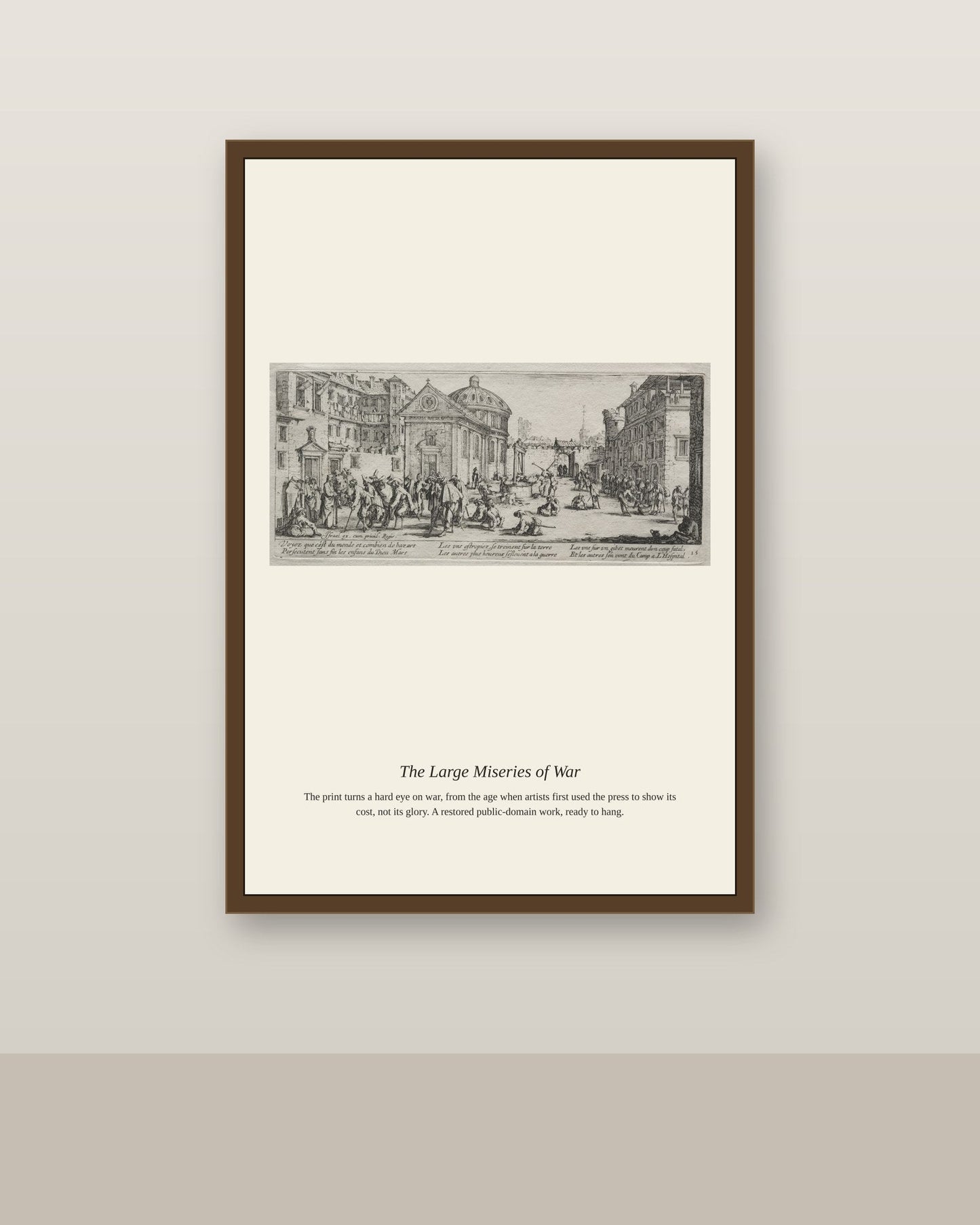 The Large Miseries of War (3) antique historical print shown framed on a wall in a styled room