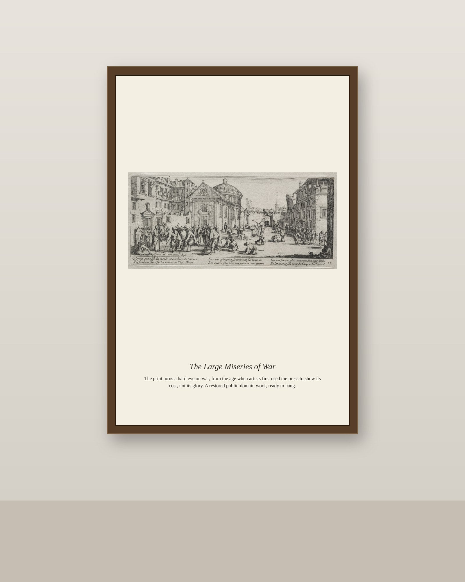 The Large Miseries of War (3) antique historical print shown framed on a wall in a styled room