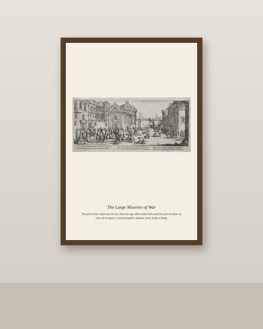 The Large Miseries of War (3) antique historical print shown framed on a wall in a styled room