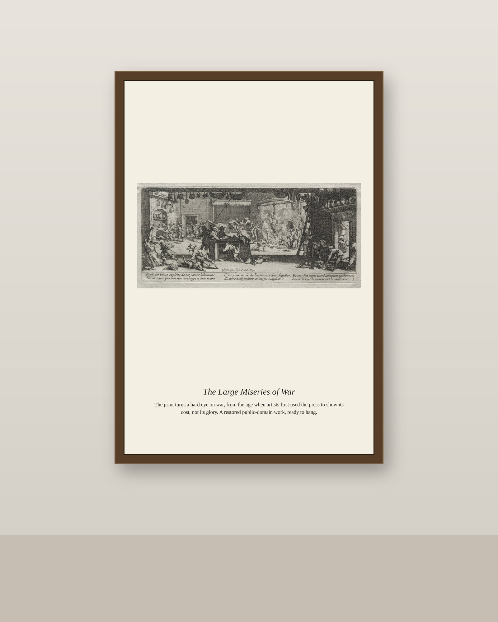 The Large Miseries of War (4) antique historical print shown framed on a wall in a styled room