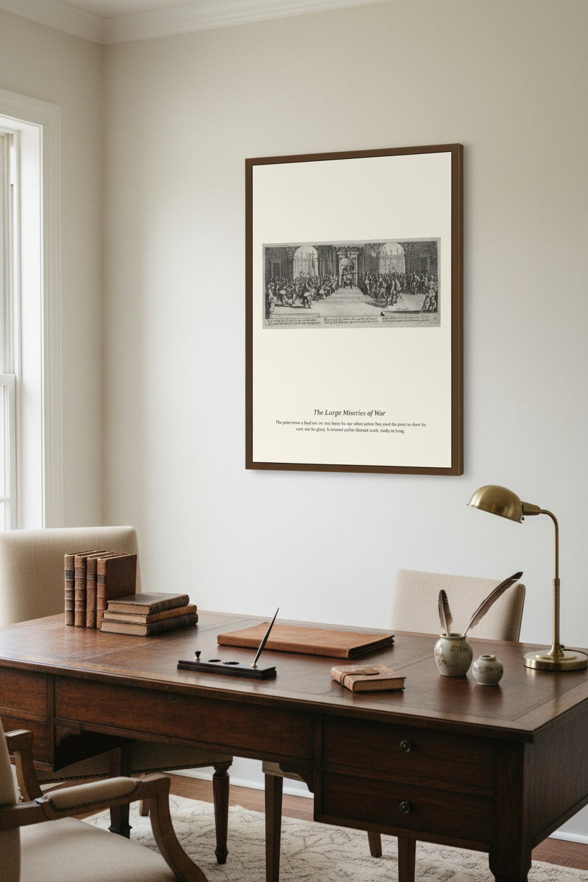 A framed black and white historical print titled 'The Great War: 1914-1918' hangs on a light beige wall in a styled home office setting with a wooden desk, chairs, books, and a brass desk lamp.