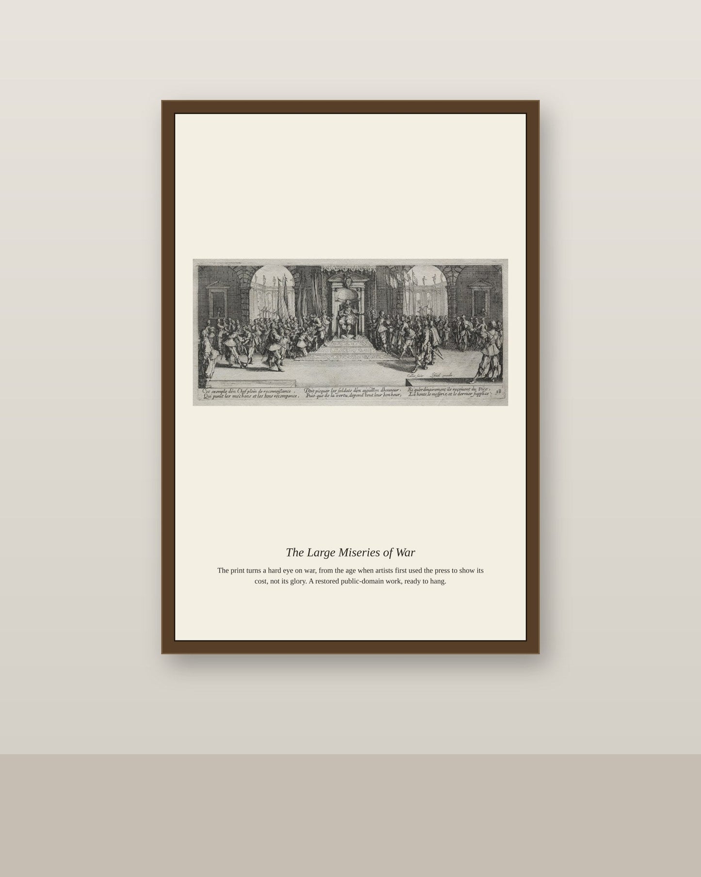 The Large Miseries of War (5) antique historical print shown framed on a wall in a styled room
