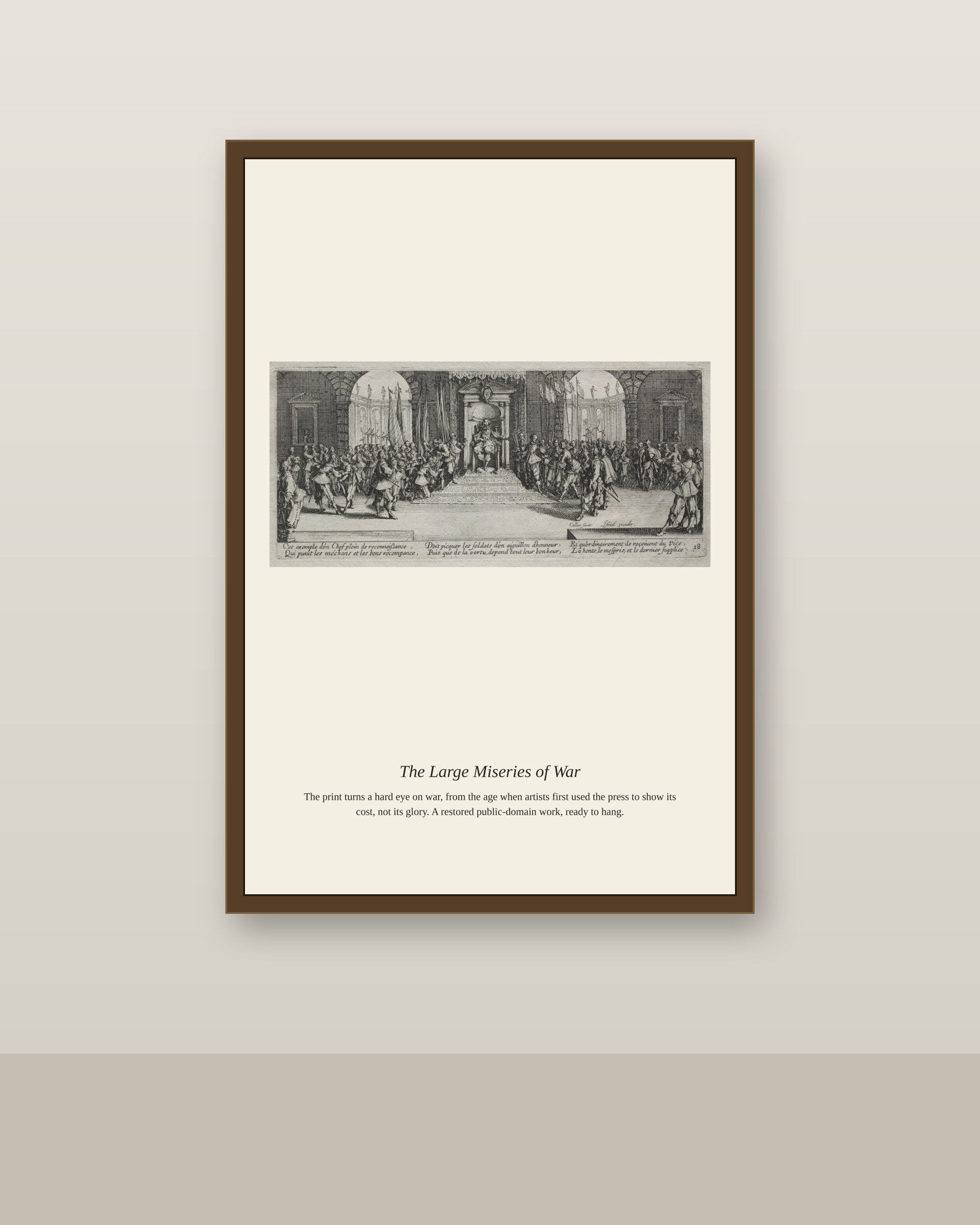 The Large Miseries of War (5) antique historical print shown framed on a wall in a styled room