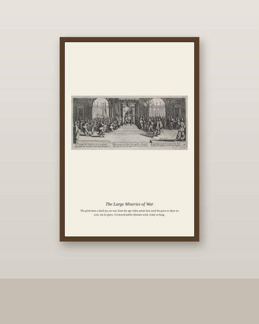 The Large Miseries of War (5) antique historical print shown framed on a wall in a styled room