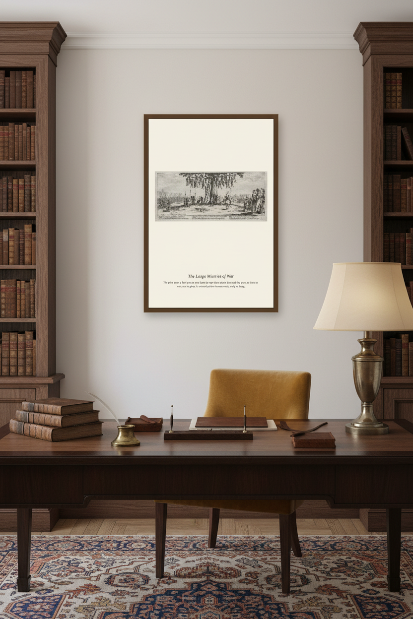 A framed black and white art print titled 'The Large Mansion of Life' hangs on a light gray wall in a classic study setting, flanked by tall wooden bookshelves, a desk, and a lamp.