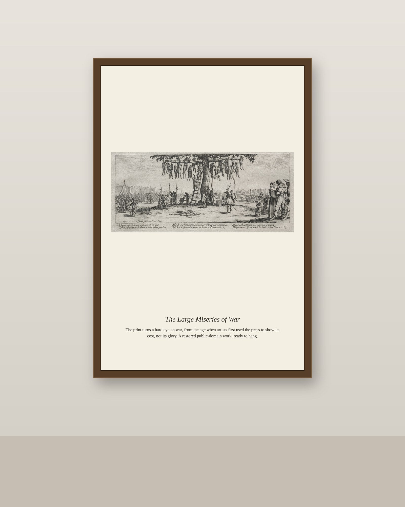 The Large Miseries of War (6) antique historical print shown framed on a wall in a styled room