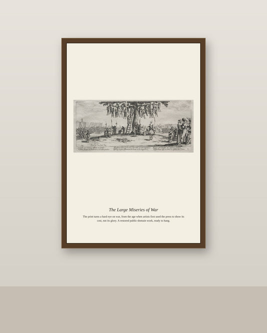 The Large Miseries of War (6) antique historical print shown framed on a wall in a styled room