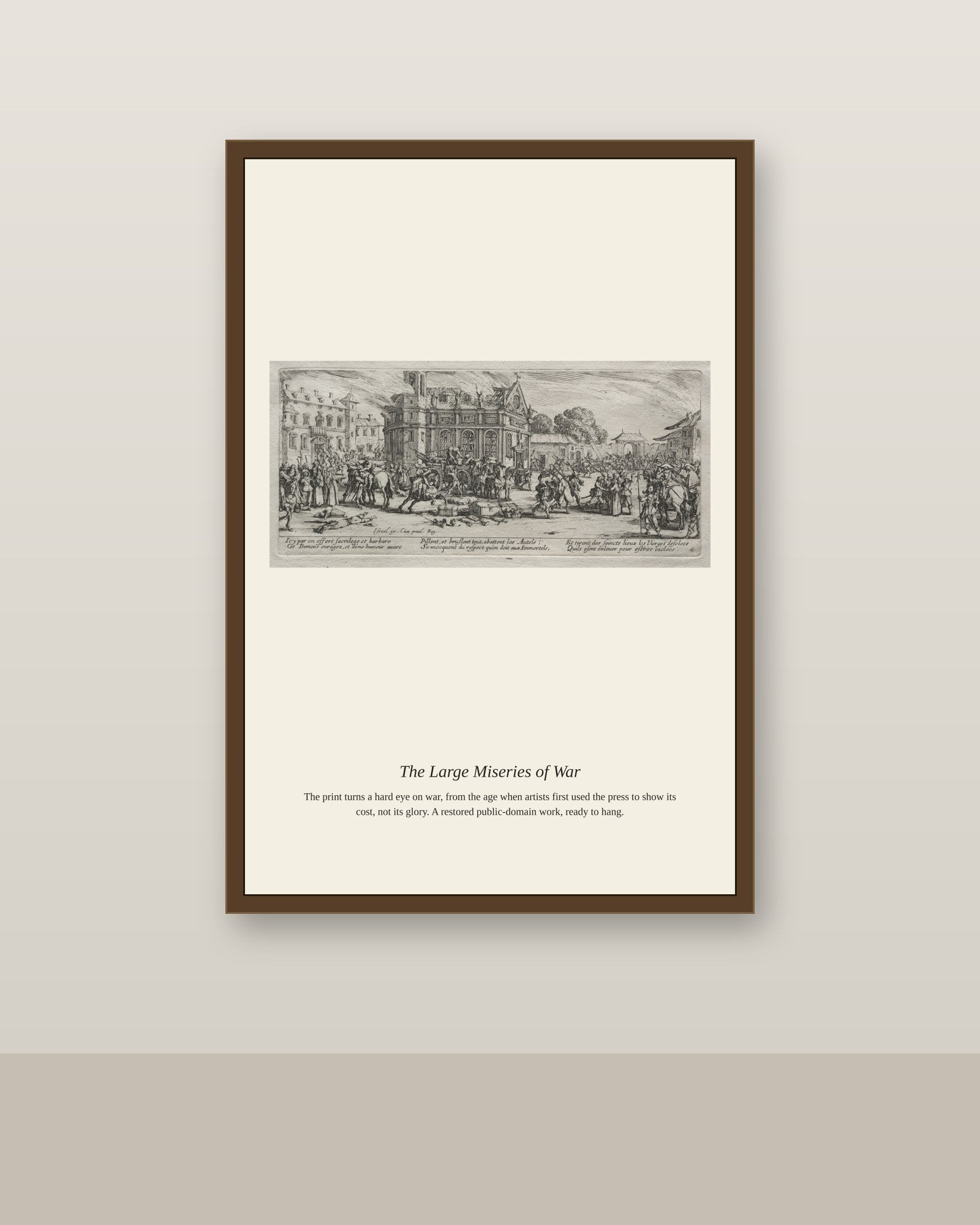 The Large Miseries of War (7) antique historical print shown framed on a wall in a styled room