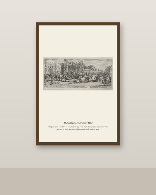 The Large Miseries of War (7) antique historical print shown framed on a wall in a styled room