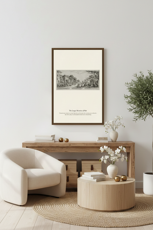 A framed black and white art print titled 'The Large Mirror of Life' hanging on a light gray wall above a wooden console table in a modern, minimalist living room setting.