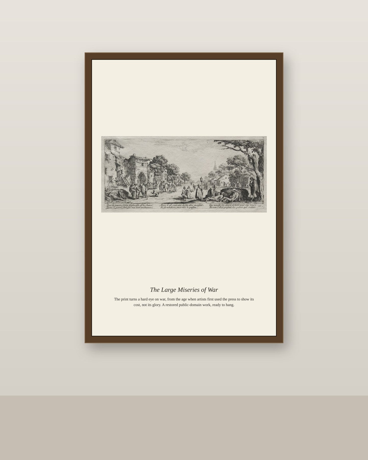 The Large Miseries of War (8) antique historical print shown framed on a wall in a styled room