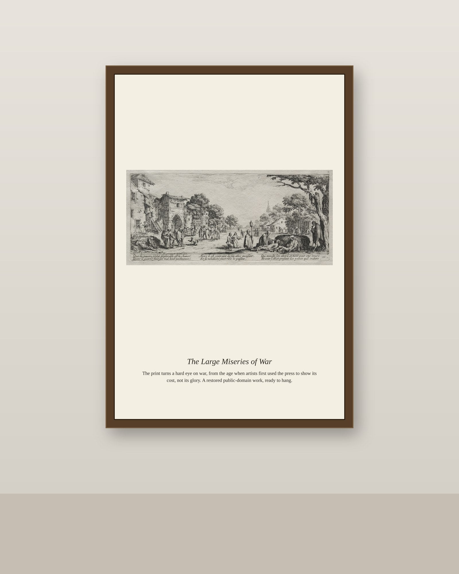 The Large Miseries of War (8) antique historical print shown framed on a wall in a styled room