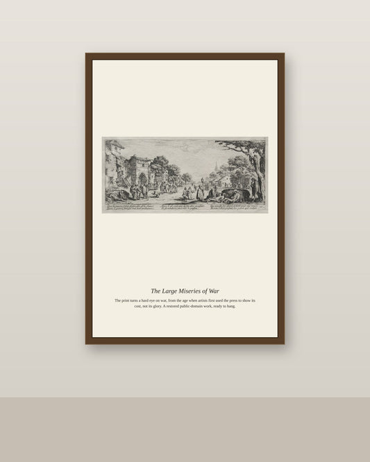 The Large Miseries of War (8) antique historical print shown framed on a wall in a styled room