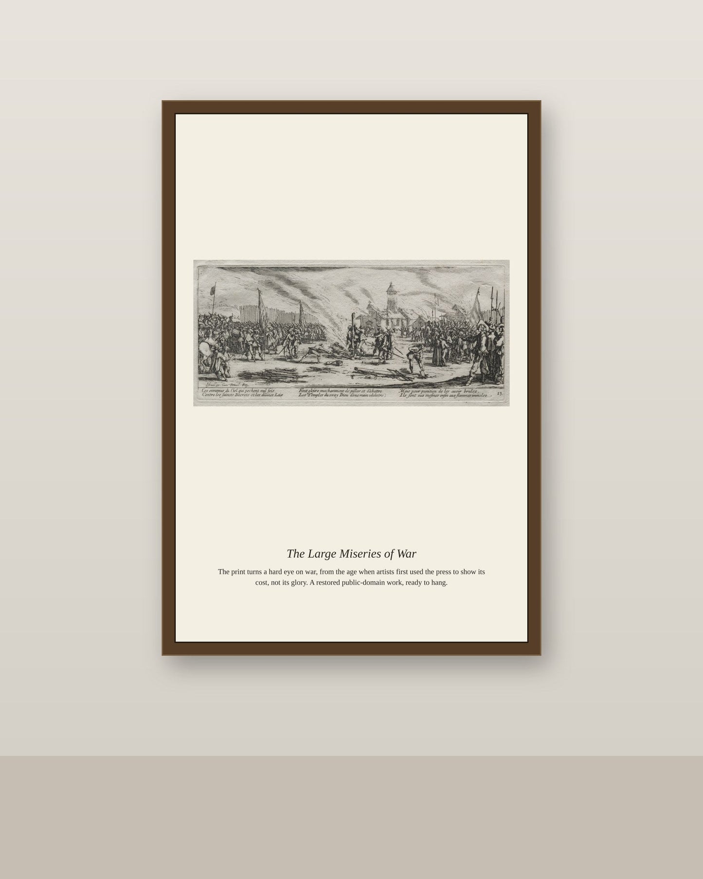 The Large Miseries of War (9) antique historical print shown framed on a wall in a styled room