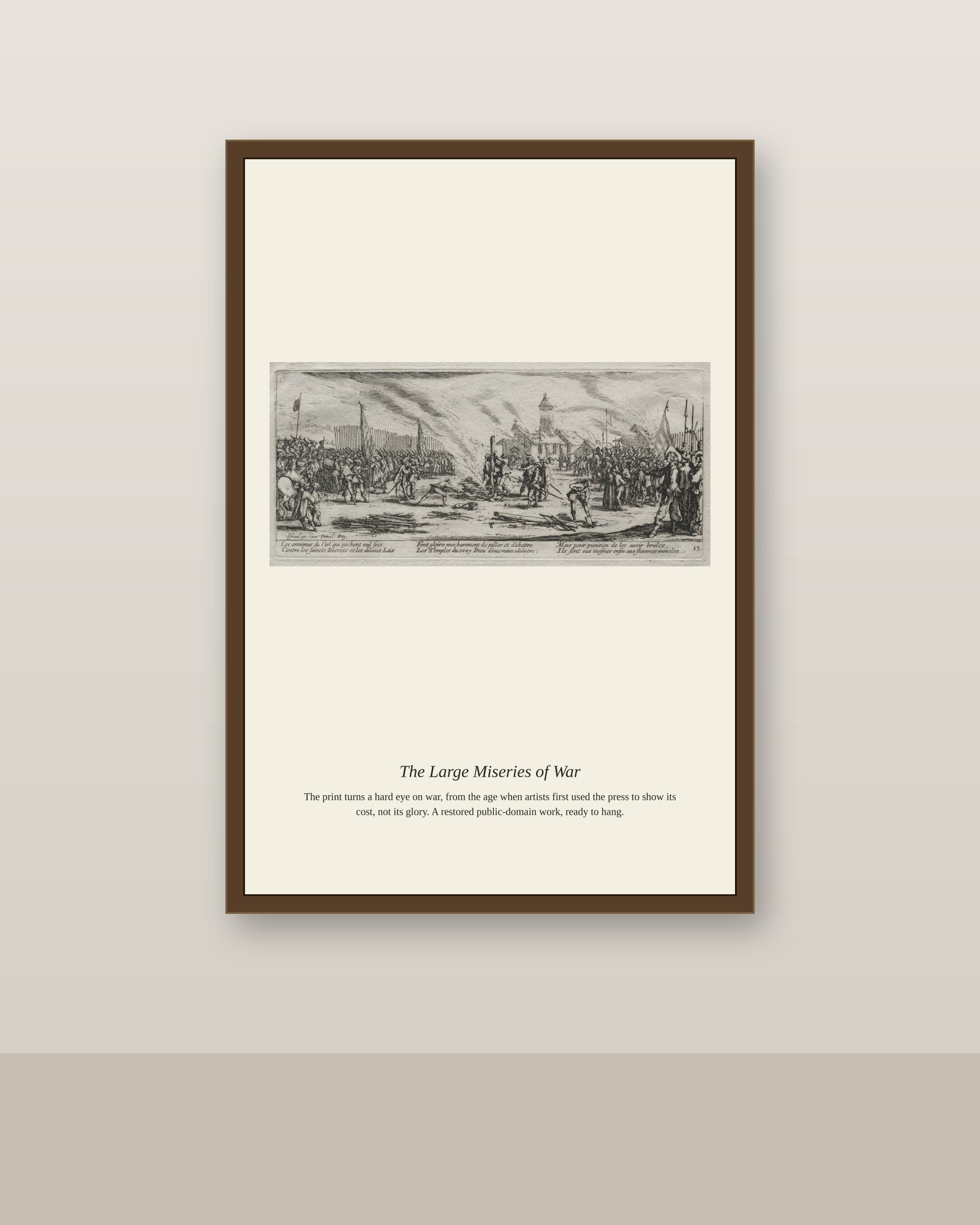 The Large Miseries of War (9) antique historical print shown framed on a wall in a styled room