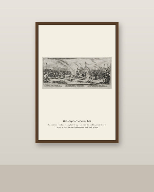 The Large Miseries of War (9) antique historical print shown framed on a wall in a styled room