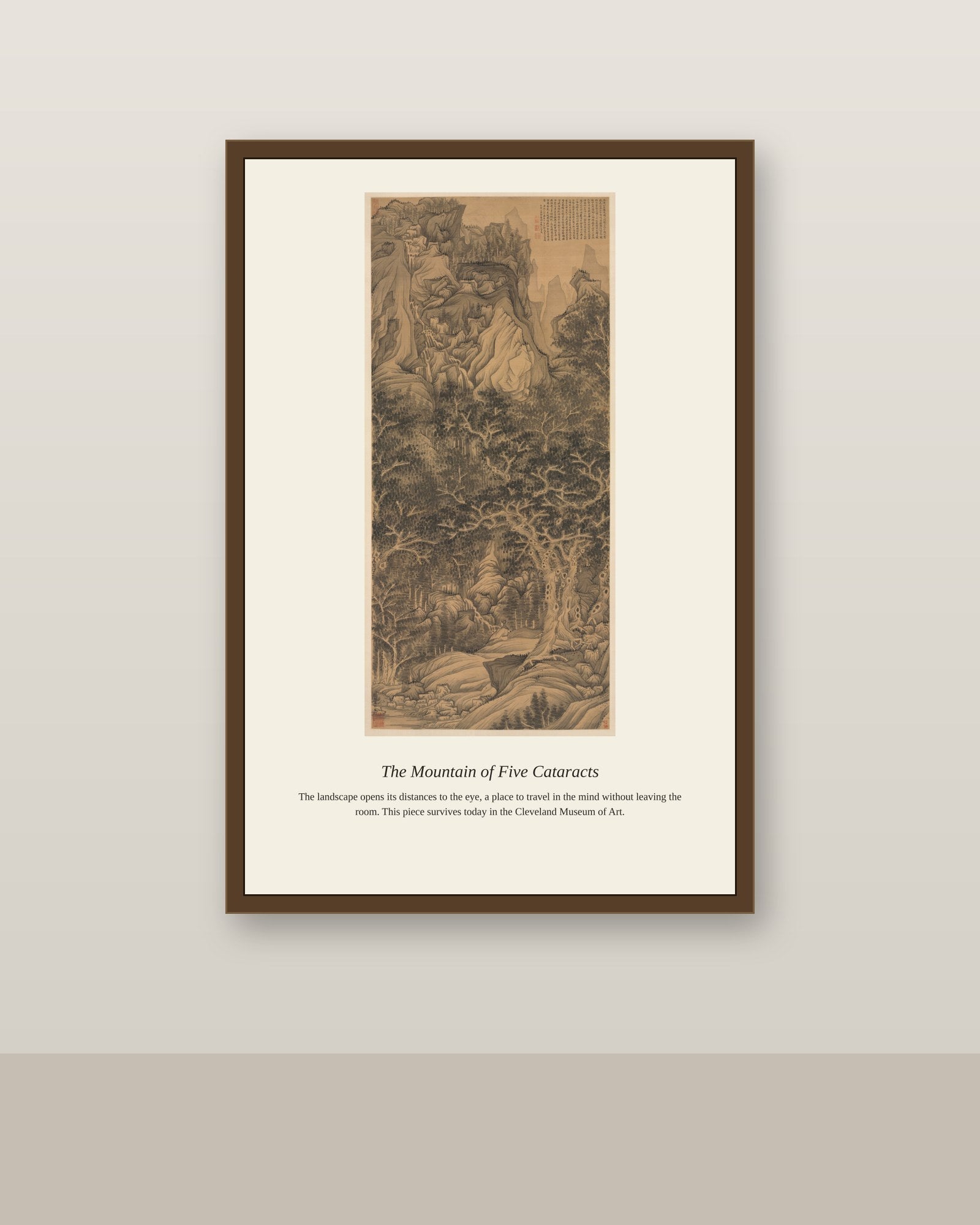 The Mountain of Five Cataracts antique landscape print shown framed on a wall in a styled room