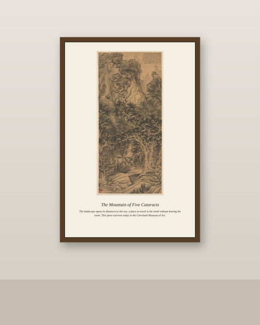 The Mountain of Five Cataracts antique landscape print shown framed on a wall in a styled room
