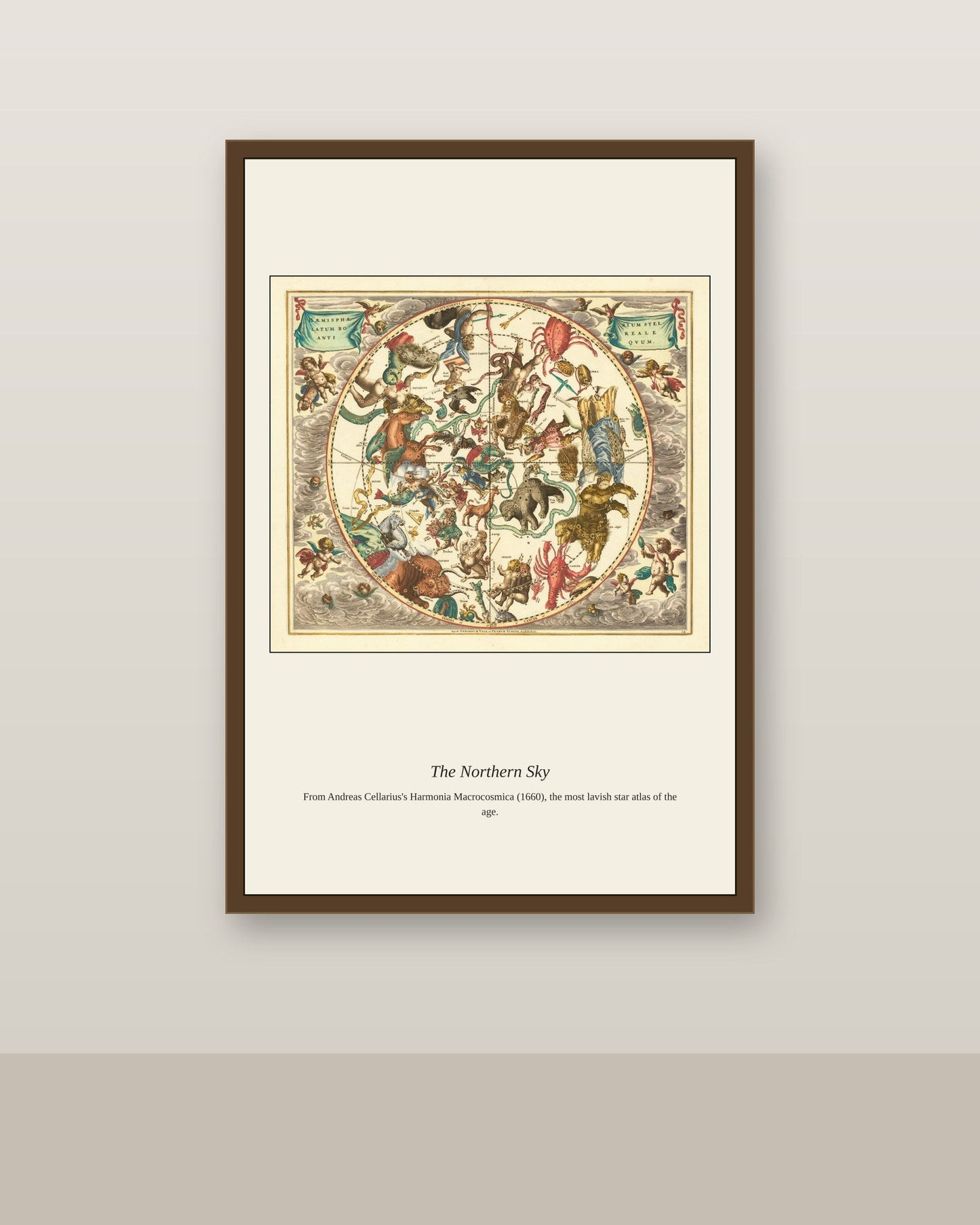 The Northern Constellations antique celestial print shown framed on a wall in a styled room