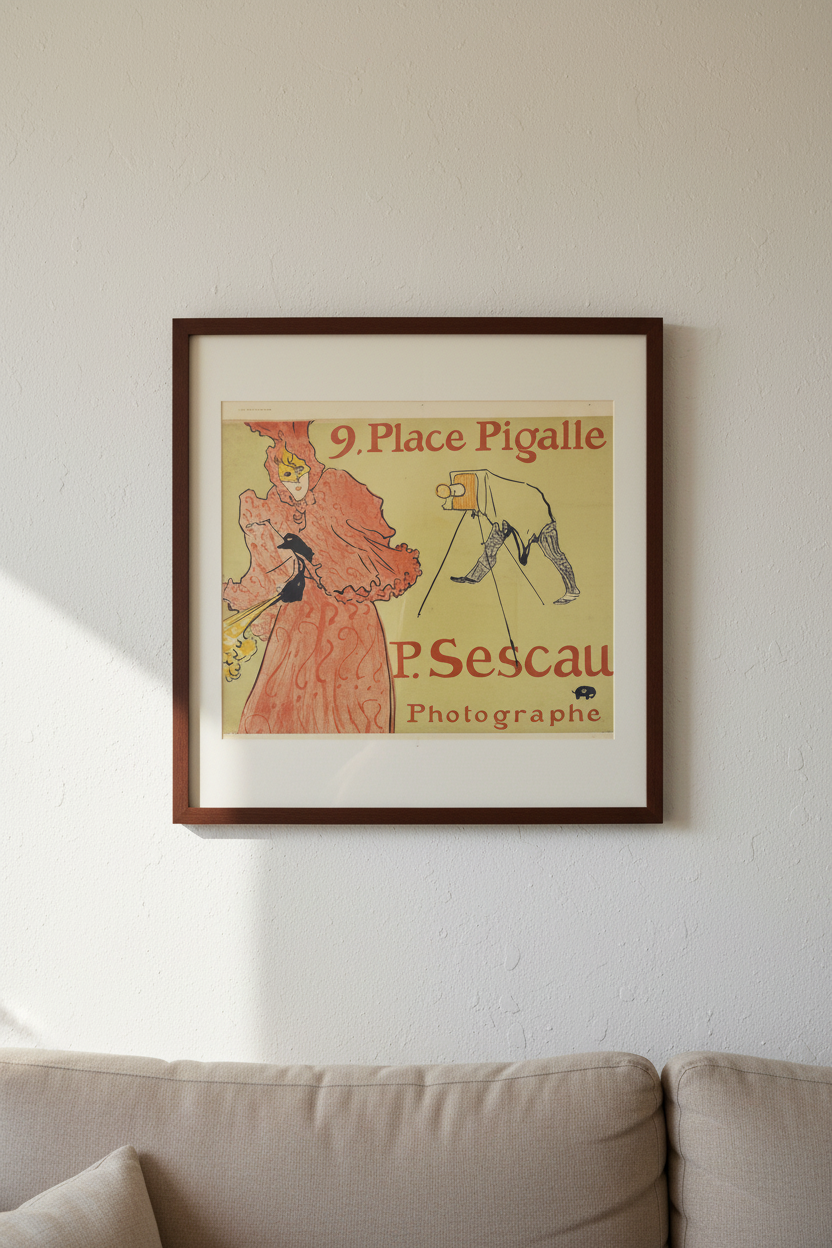 A framed vintage Art Nouveau poster by P. Sescau reading '9 Place Pigalle' hangs on a white textured wall above a beige sofa.