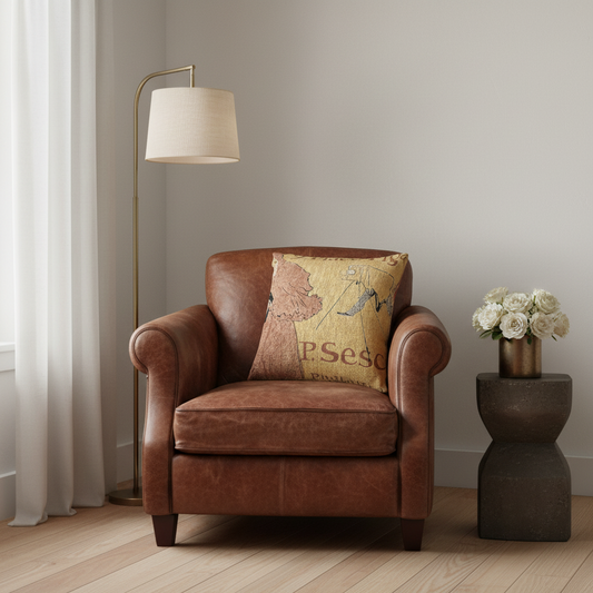 A brown leather armchair in a styled room setting, featuring a vintage-style map print throw pillow. A floor lamp stands to the left next to a white curtain, and a dark stone side table with a vase of white flowers is on the right.